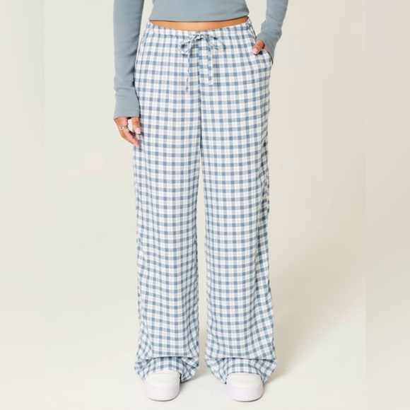 New Hollister Women’s Pull on Blue & White Gingham Slub Pants XXLarge Long Lined - Picture 2 of 7